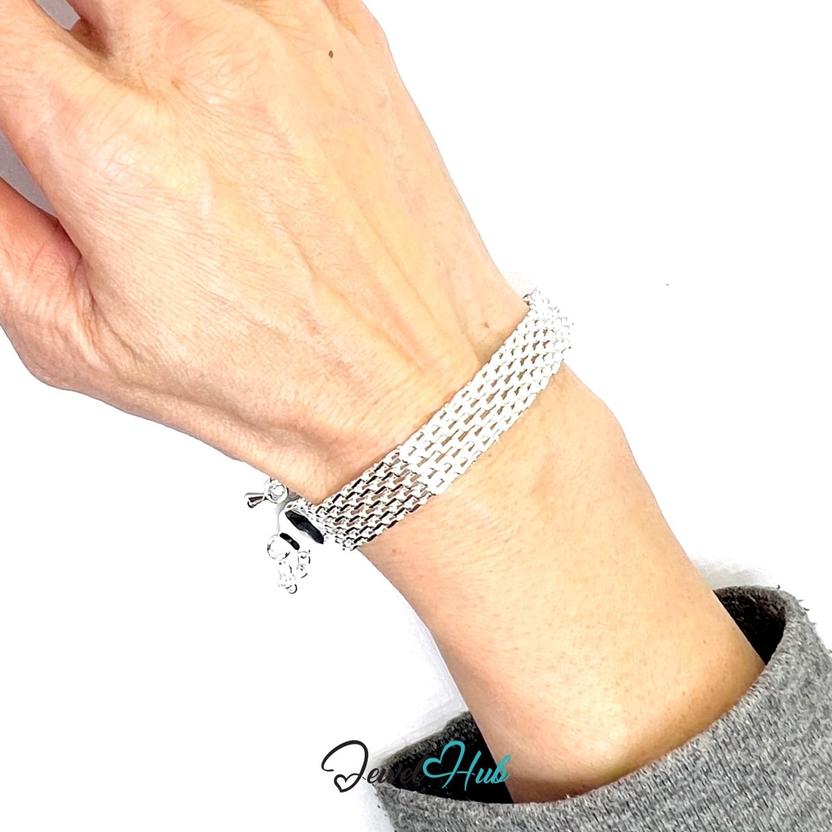 Silver Mesh - Link 925 Sterling Wide Chain Bracelet – Adjustable - JewelHub.co.uk
