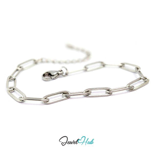 Silver paperclip chain bracelet in stainless steel with 4x12mm elongated links and a lobster clasp - JewelHub
