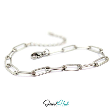 Silver paperclip chain bracelet in stainless steel with 4x12mm elongated links and a lobster clasp - JewelHub