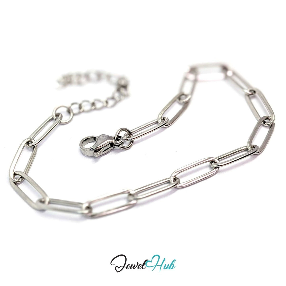 Silver paperclip chain bracelet in stainless steel with 4x12mm elongated links and a lobster clasp - JewelHub