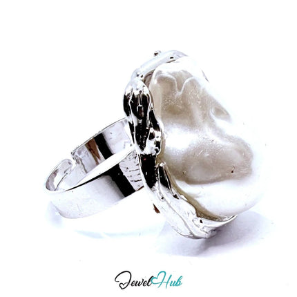 Silver - Plated Baroque Pearl Zinc Alloy Ring – Adjustable Size O–Q | Sculptural Elegance for Statement Styling - JewelHub.co.uk