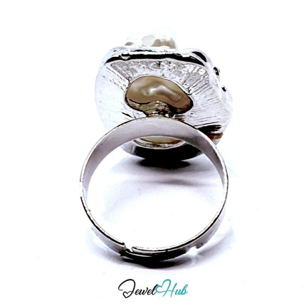 Silver - Plated Baroque Pearl Zinc Alloy Ring – Adjustable Size O–Q | Sculptural Elegance for Statement Styling - JewelHub.co.uk