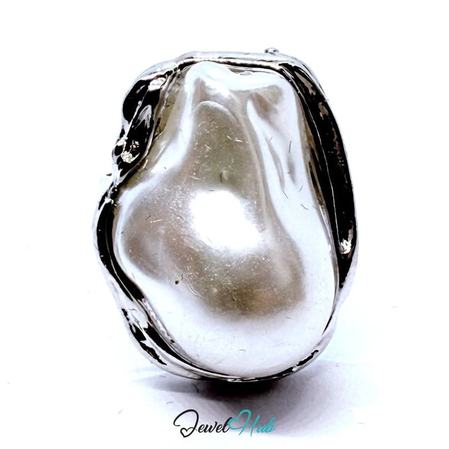 Silver - Plated Baroque Pearl Zinc Alloy Ring – Adjustable Size O–Q | Sculptural Elegance for Statement Styling - JewelHub.co.uk