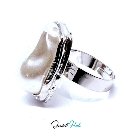 Silver - Plated Baroque Pearl Zinc Alloy Ring – Adjustable Size O–Q | Sculptural Elegance for Statement Styling - JewelHub.co.uk