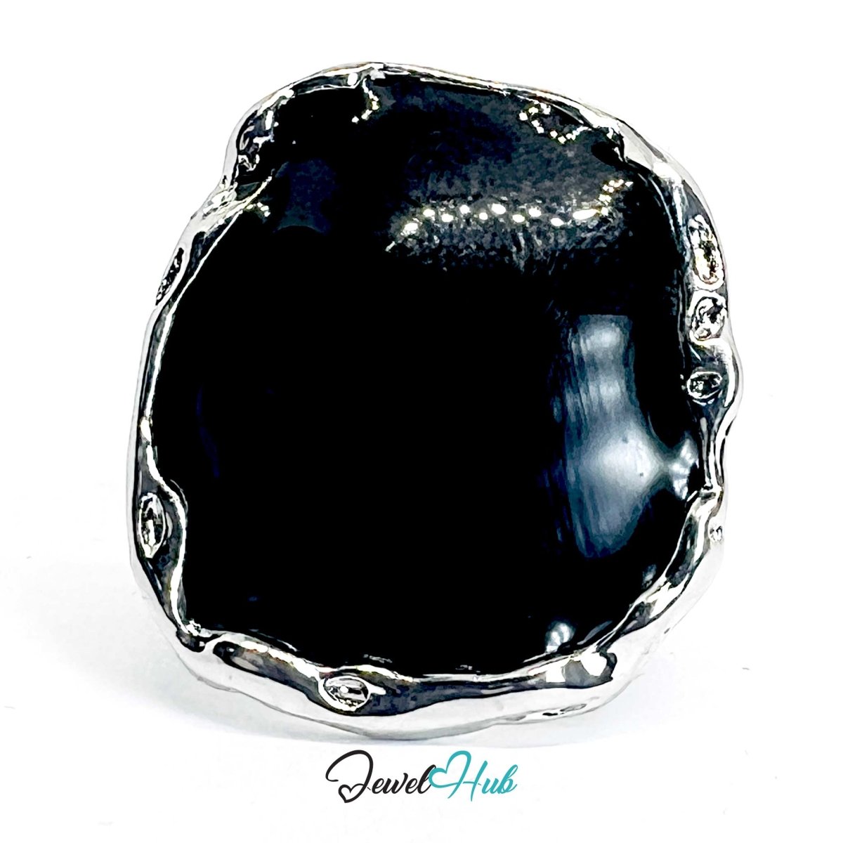 Silver - Plated Black Onyx Ring – Sculptural Geometric Statement - JewelHub.co.uk