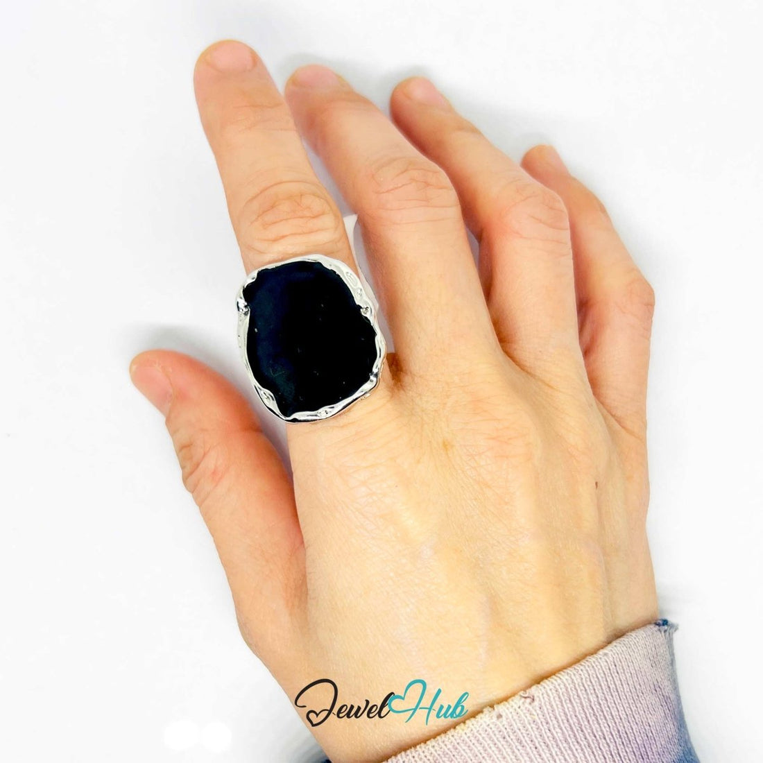 Silver - Plated Black Onyx Ring – Sculptural Geometric Statement - JewelHub.co.uk