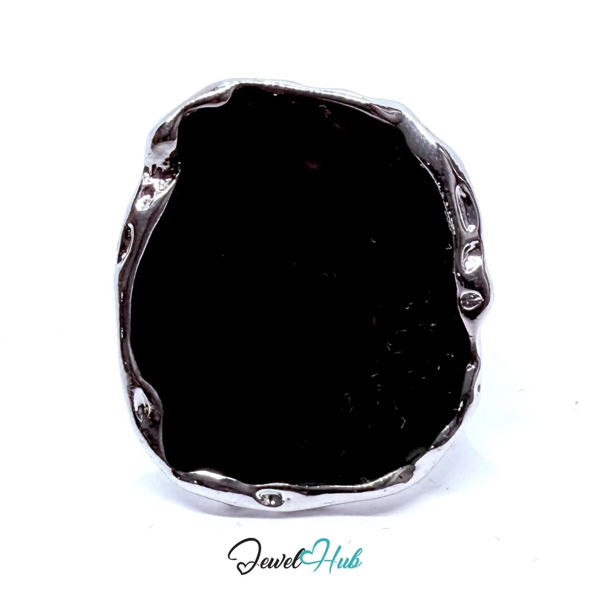 Silver - Plated Black Onyx Statement Ring – Fixed Size O | Sculptural Geometry for Bold Styling - JewelHub.co.uk