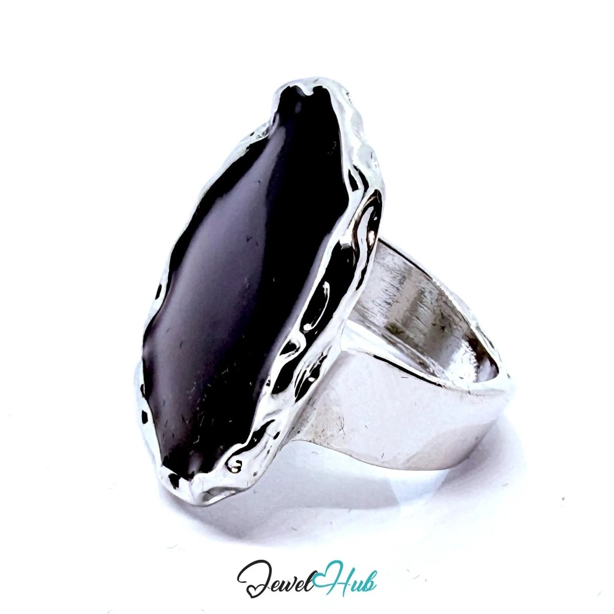 Silver - Plated Black Onyx Statement Ring – Fixed Size O | Sculptural Geometry for Bold Styling - JewelHub.co.uk