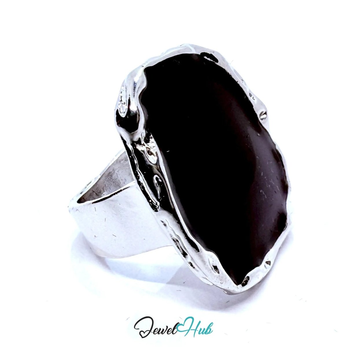 Silver - Plated Black Onyx Statement Ring – Fixed Size O | Sculptural Geometry for Bold Styling - JewelHub.co.uk