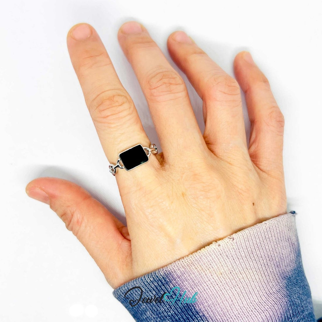 Silver - Plated Chain - Link Zinc Alloy Ring – Synthetic Onyx Statement - JewelHub.co.uk