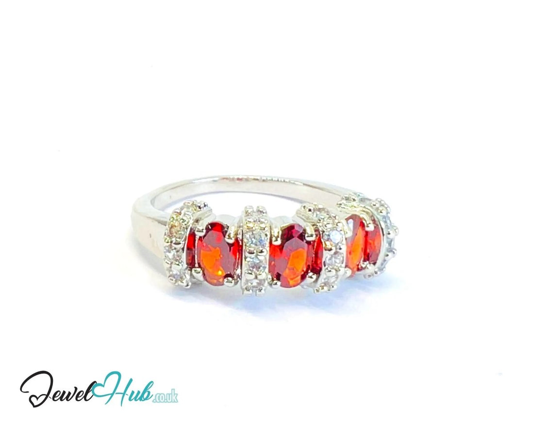 Silver - plated Copper Ring · Triple Ruby Cluster · CZ Halo 🔱 Crown Bloom Ring – Ruby Edition - JewelHub.co.uk