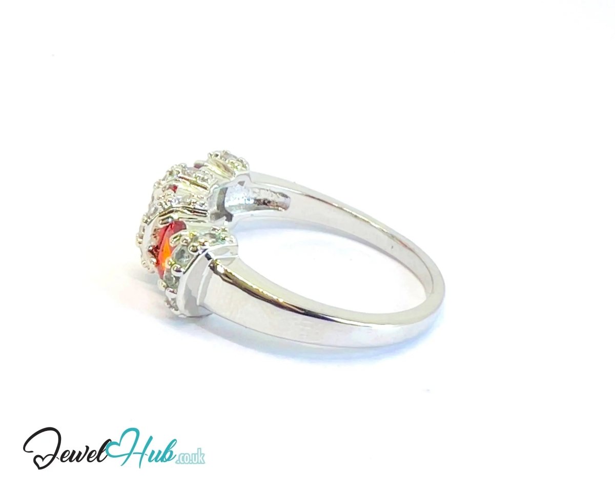 Silver - plated Copper Ring · Triple Ruby Cluster · CZ Halo 🔱 Crown Bloom Ring – Ruby Edition - JewelHub.co.uk