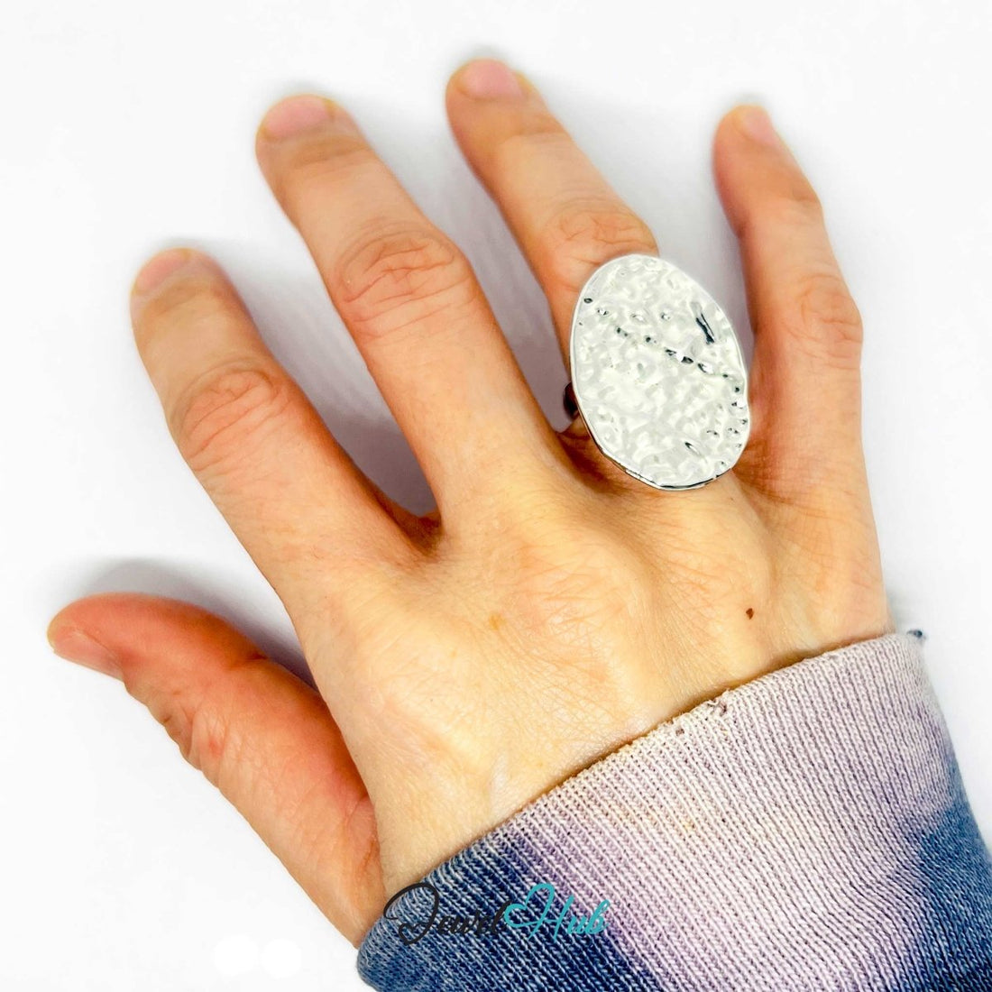 Silver - Plated Crater Oval Zinc Alloy Ring – Sculptural Textured Statement - JewelHub.co.uk