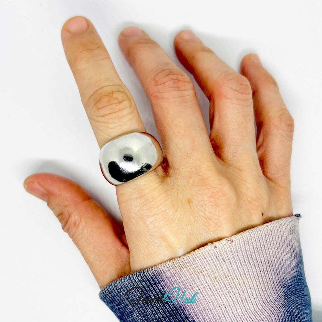 Silver - Plated Dome Ring – Mirror - Finish Sculptural Statement (UK M) - JewelHub.co.uk