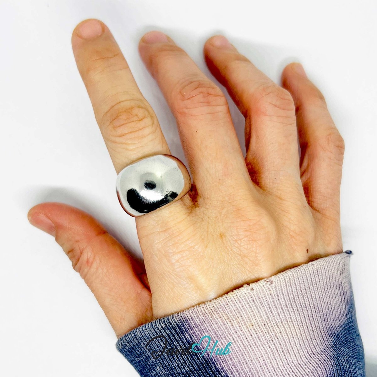 Silver - Plated Dome Ring – Mirror - Finish Sculptural Statement (UK M) - JewelHub.co.uk