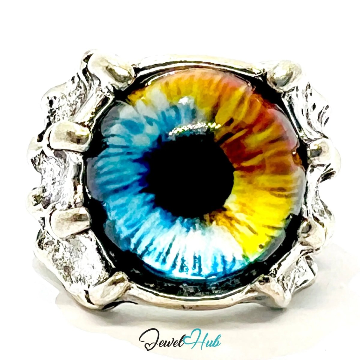 Silver - Plated Eye Punk Ring – Fixed Size O | 11.55g Vibrant Iris in Clawed Rebellion - JewelHub.co.uk