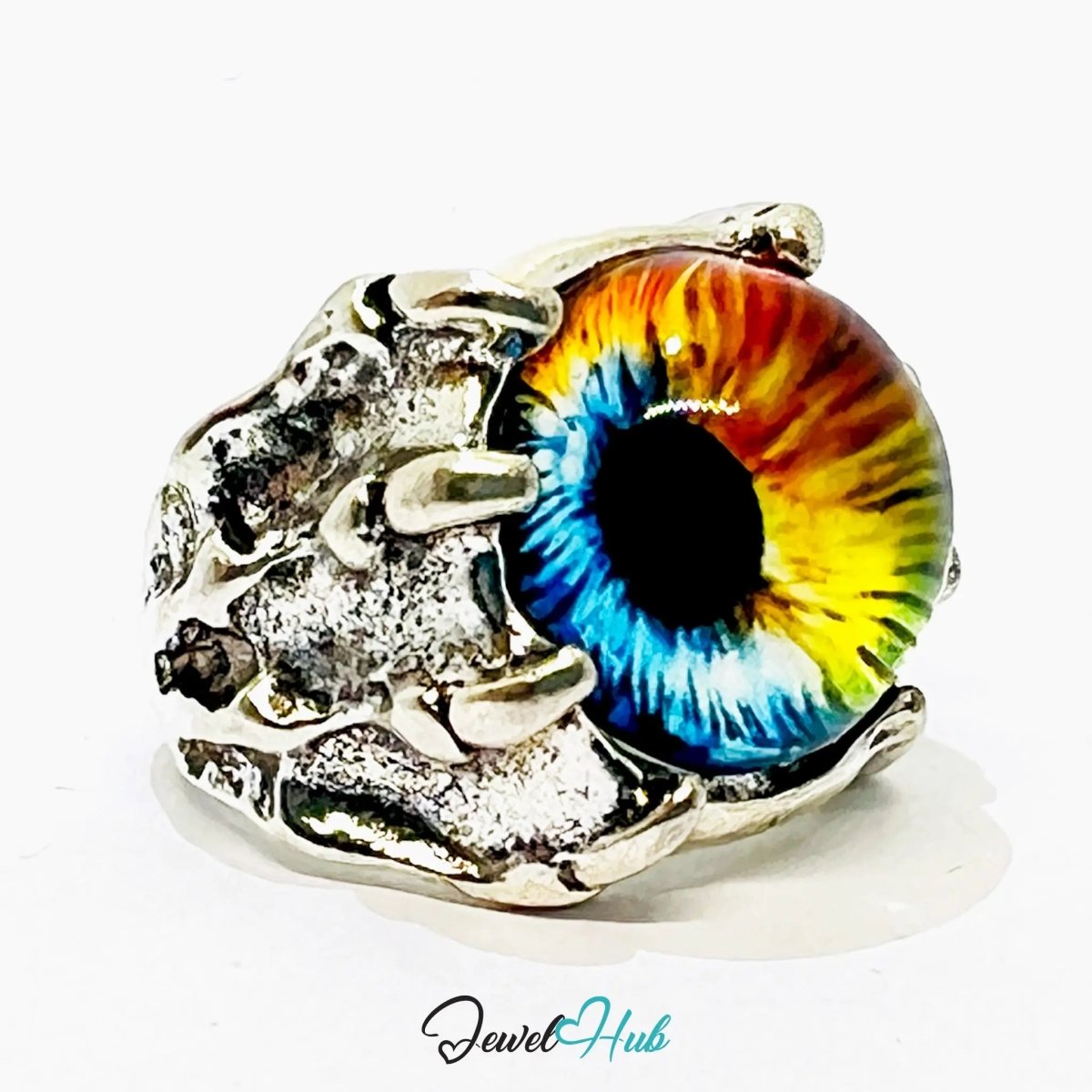Silver - Plated Eye Punk Ring – Fixed Size O | 11.55g Vibrant Iris in Clawed Rebellion - JewelHub.co.uk