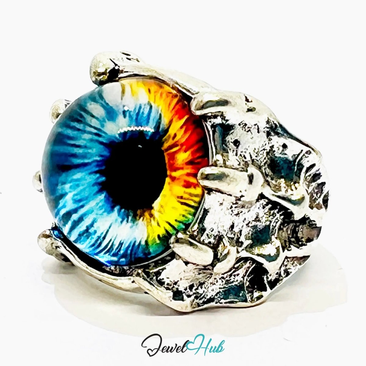 Silver - Plated Eye Punk Ring – Fixed Size O | 11.55g Vibrant Iris in Clawed Rebellion - JewelHub.co.uk