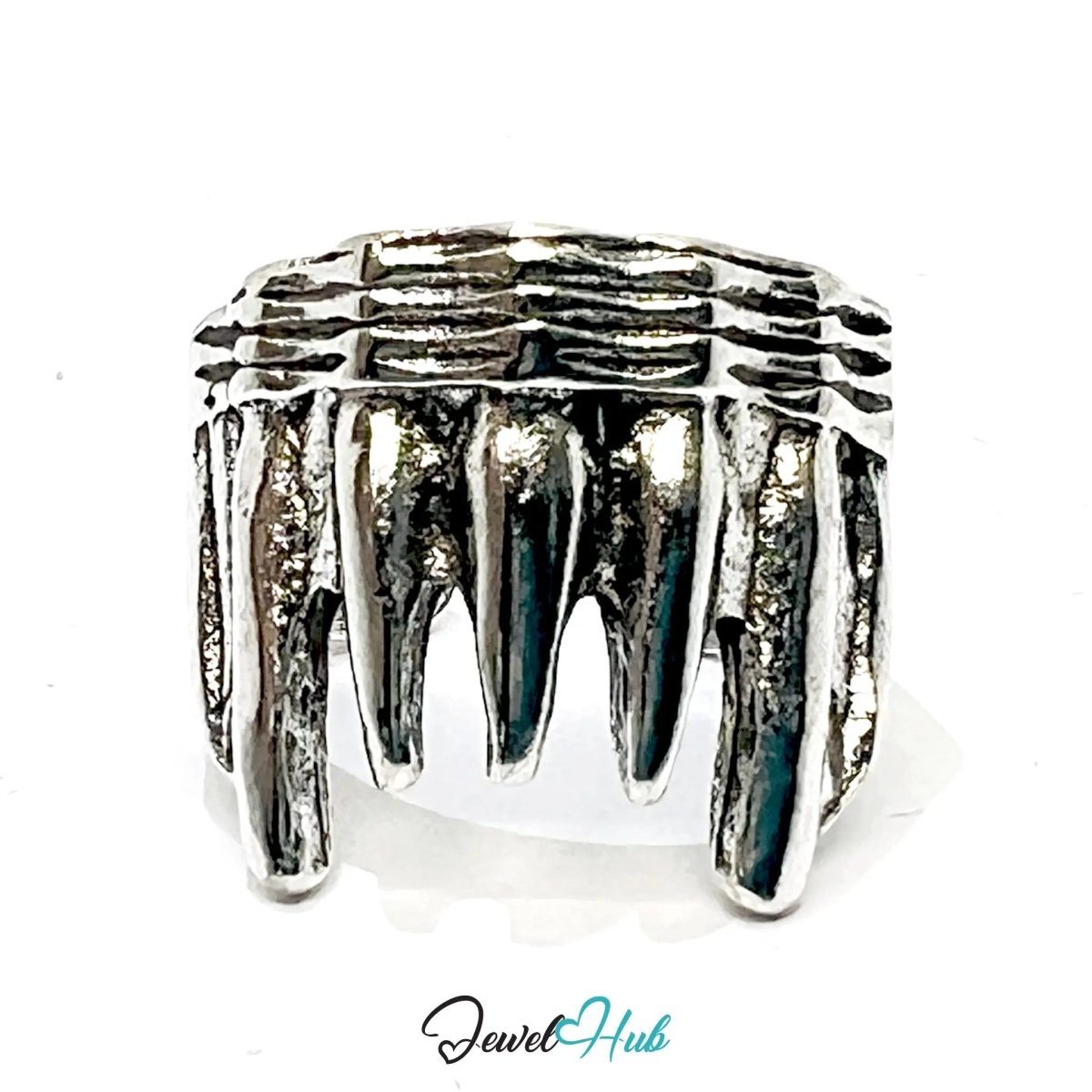 Silver - Plated Fang Punk Ring – Fixed Size J | 4.36g Jagged Teeth Motif in Sculptural Rebellion - JewelHub.co.uk