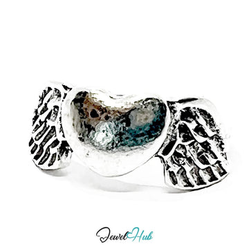 Silver - Plated Flying Heart Punk Ring – Fixed Size L | 2.65g Sculptural Symbol of Emotion & Defiance - JewelHub.co.uk