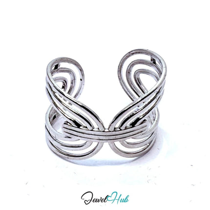 Silver - Plated Interwoven Loop Zinc Ring – Sculptural Openwork Accent with Adjustable Fit (UK O–Q) - JewelHub.co.uk