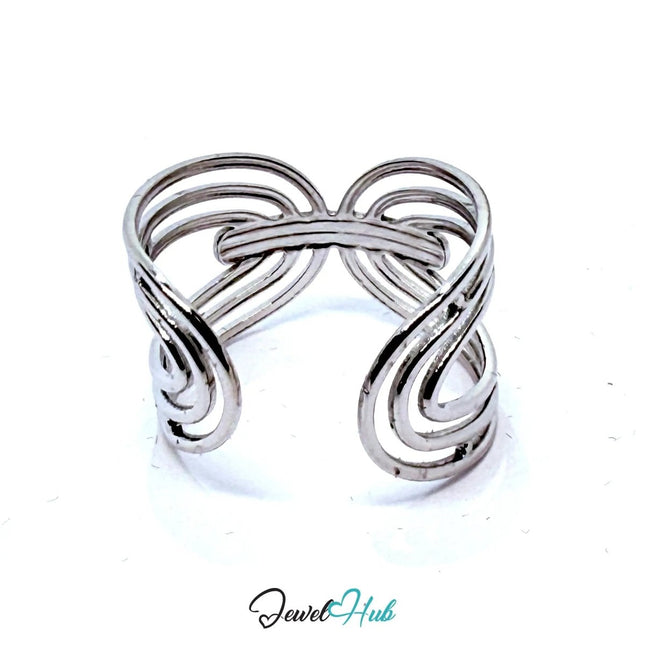 Silver - Plated Interwoven Loop Zinc Ring – Sculptural Openwork Accent with Adjustable Fit (UK O–Q) - JewelHub.co.uk