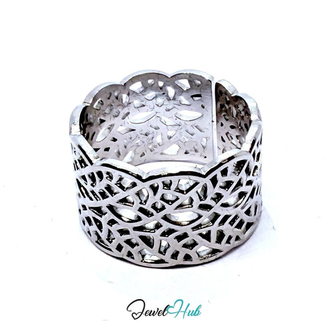 Silver - Plated Lacework Scalloped Ring – Fixed Size N | Ornamental Geometry for Sculptural Styling - JewelHub.co.uk