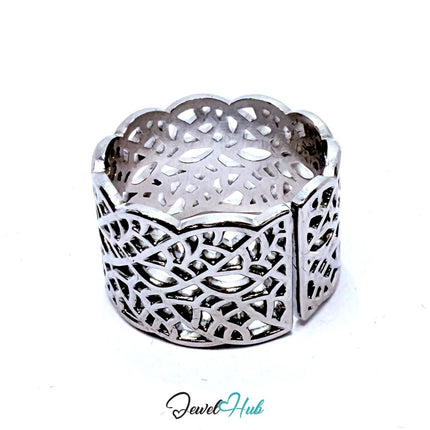 Silver - Plated Lacework Scalloped Ring – Fixed Size N | Ornamental Geometry for Sculptural Styling - JewelHub.co.uk
