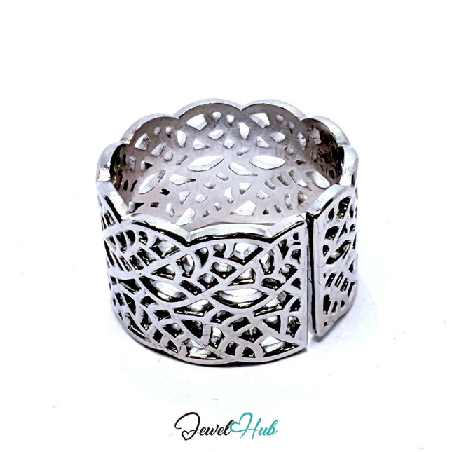 Silver - Plated Lacework Scalloped Ring – Fixed Size N | Ornamental Geometry for Sculptural Styling - JewelHub.co.uk