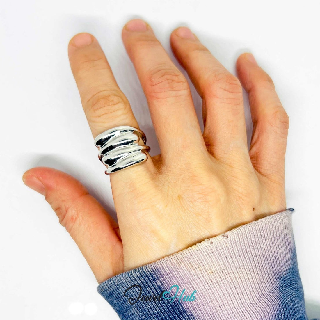 Silver - Plated Layered Band Zinc Alloy Ring – Sculptural Statement Design - JewelHub.co.uk