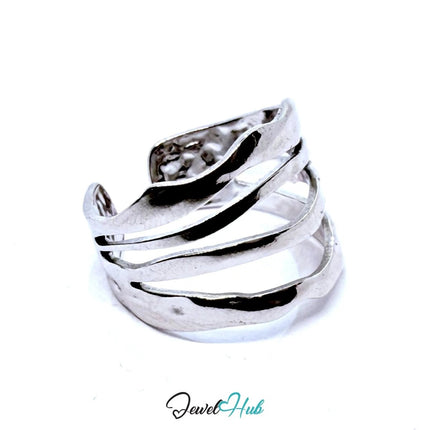 Silver - Plated Layered Wave Ring – Adjustable Size M–O | Sculptural Minimalism for Fluid Styling - JewelHub.co.uk