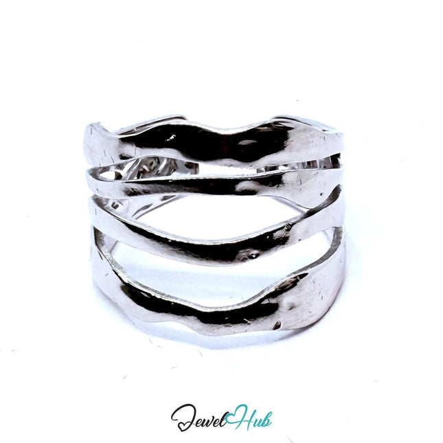 Silver - Plated Layered Wave Ring – Adjustable Size M–O | Sculptural Minimalism for Fluid Styling - JewelHub.co.uk