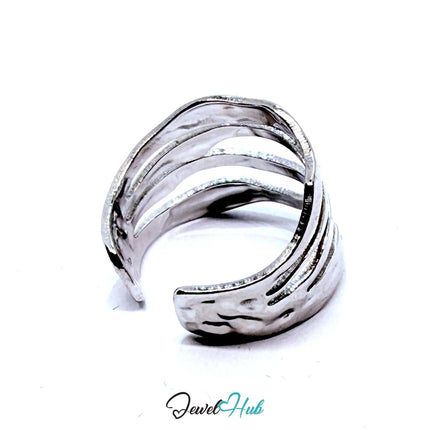 Silver - Plated Layered Wave Ring – Adjustable Size M–O | Sculptural Minimalism for Fluid Styling - JewelHub.co.uk