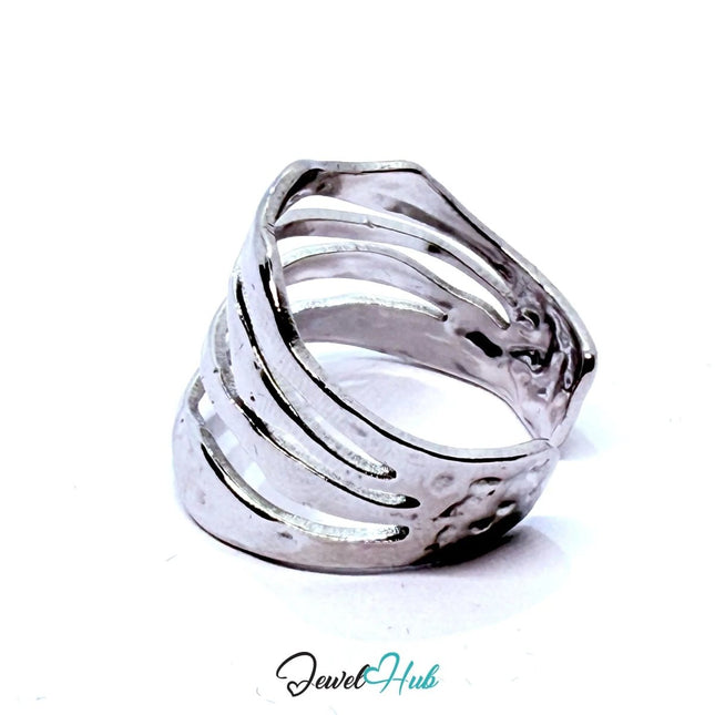 Silver - Plated Layered Wave Ring – Adjustable Size M–O | Sculptural Minimalism for Fluid Styling - JewelHub.co.uk