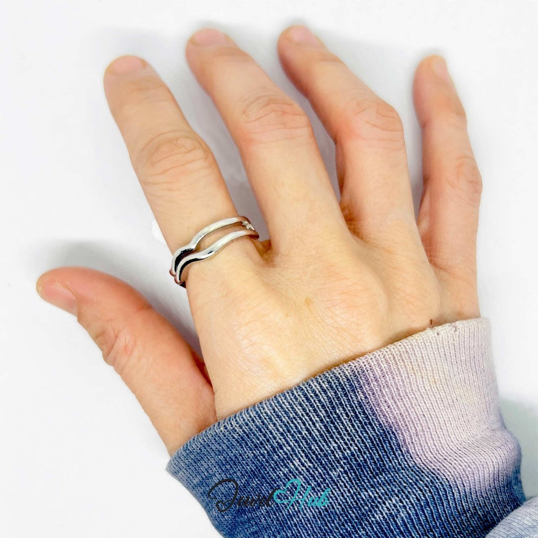 Silver - Plated Layered Wave Zinc Alloy Ring – Double - Wave Band - JewelHub.co.uk