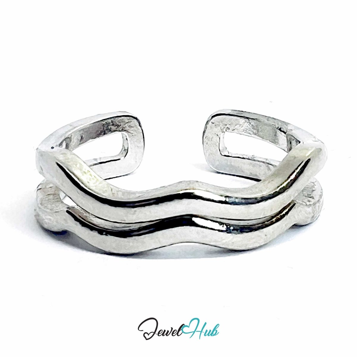 Silver - Plated Layered Wave Zinc Alloy Ring – Double - Wave Band - JewelHub.co.uk