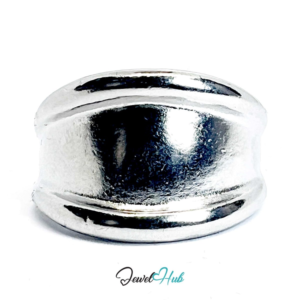 Silver - Plated Linear Groove Zinc Alloy Ring – Wide - Band Design - JewelHub.co.uk