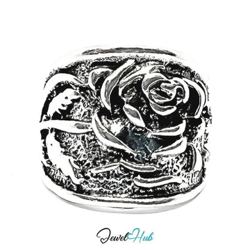 Silver - Plated Rose Punk Ring – Sculptural Floral Rebellion in Heavy Metal | Size K, 6.3g - JewelHub.co.uk