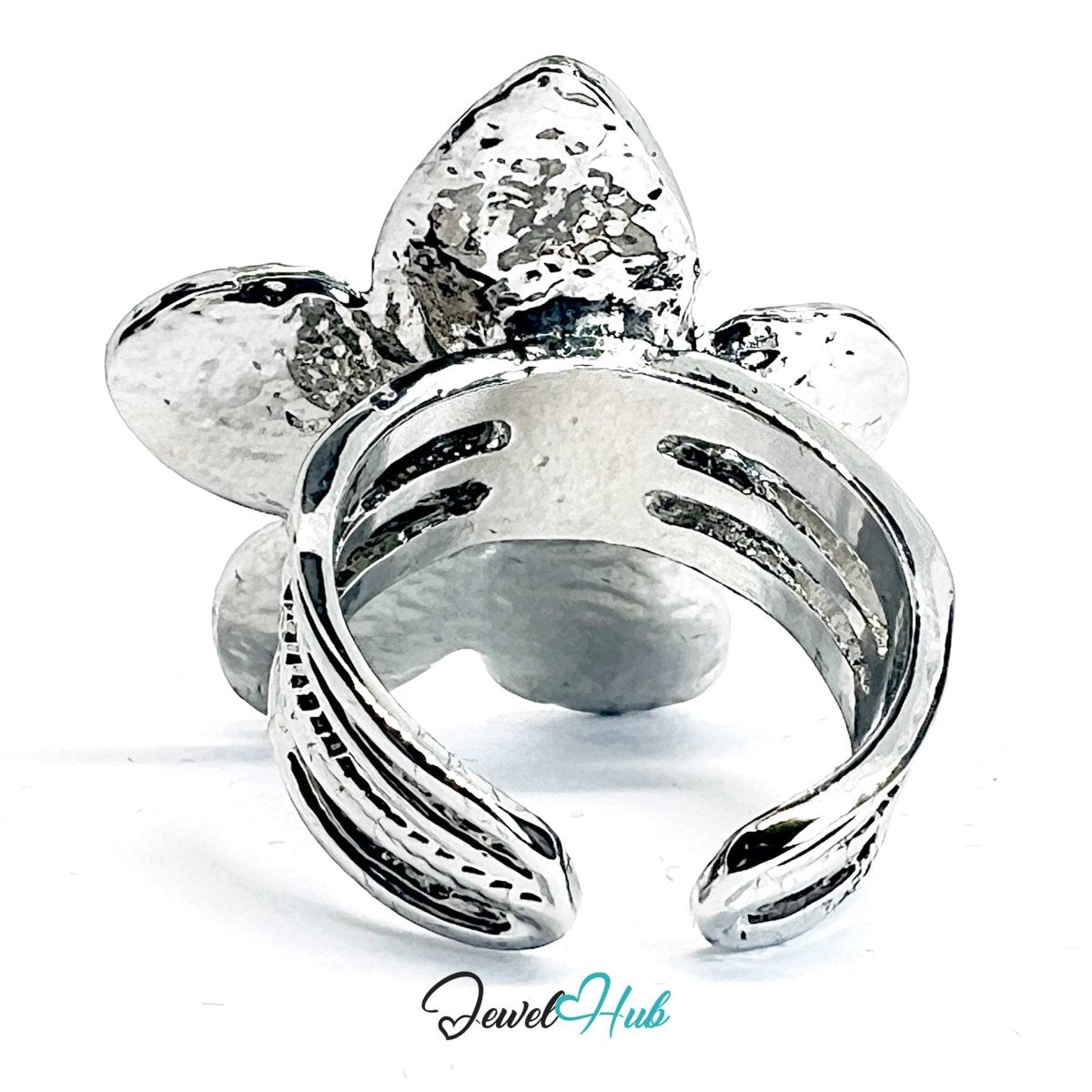 Silver - Plated Sculptural Flower Zinc Alloy Ring – Adjustable Botanical Design - JewelHub.co.uk