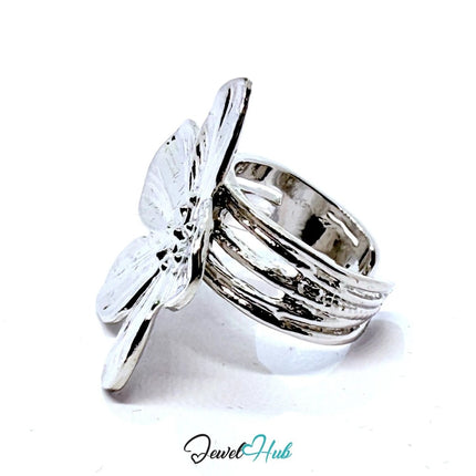 Silver - Plated Sculptural Flower Zinc Alloy Ring – Adjustable Size N–P | Things for Teen Statement Jewellery - JewelHub.co.uk