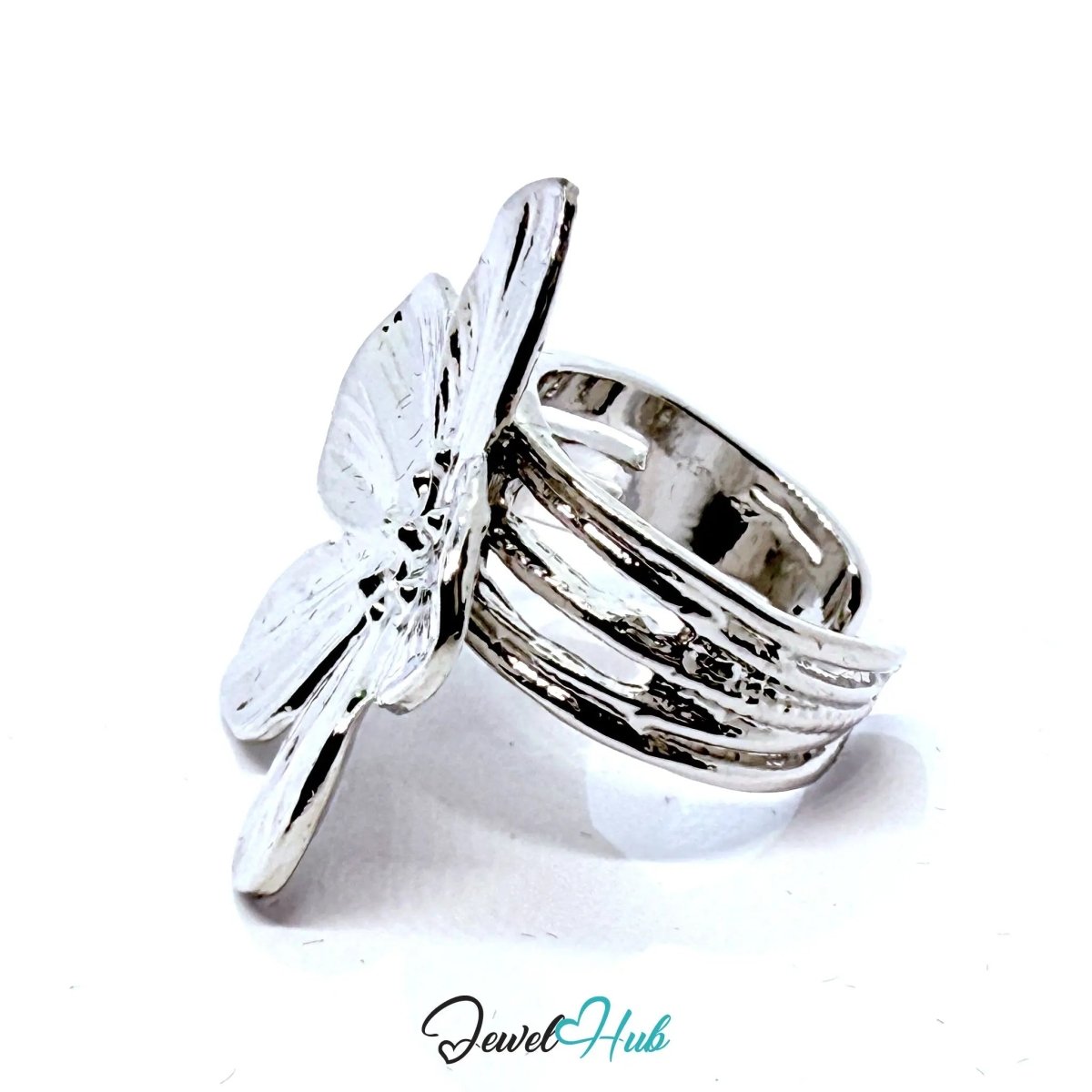 Silver - Plated Sculptural Flower Zinc Alloy Ring – Adjustable Size N–P | Things for Teen Statement Jewellery - JewelHub.co.uk