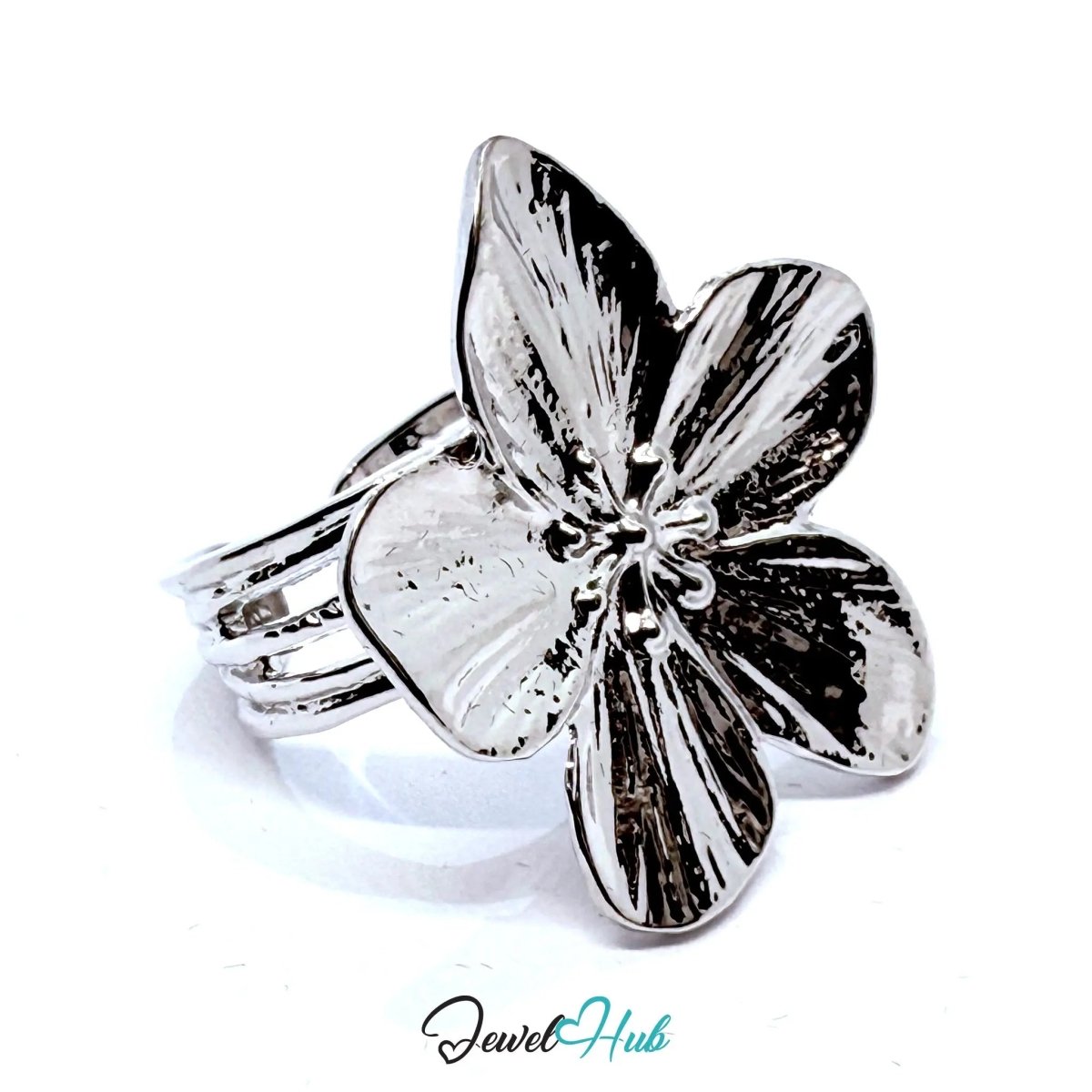 Silver - Plated Sculptural Flower Zinc Alloy Ring – Adjustable Size N–P | Things for Teen Statement Jewellery - JewelHub.co.uk