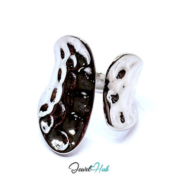 Silver - Plated Sculptural Hammered Ring – Adjustable Size N–P | Organic Minimalism for Statement Styling - JewelHub.co.uk