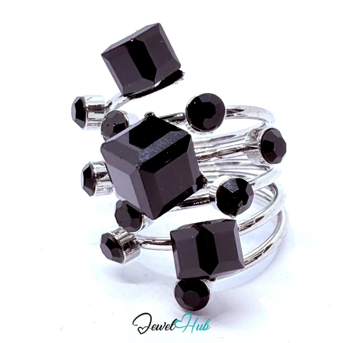 Silver - Plated Signature Ring with Synthetic Onyx Cube – Fixed Size O | Architectural Statement Jewellery - JewelHub.co.uk