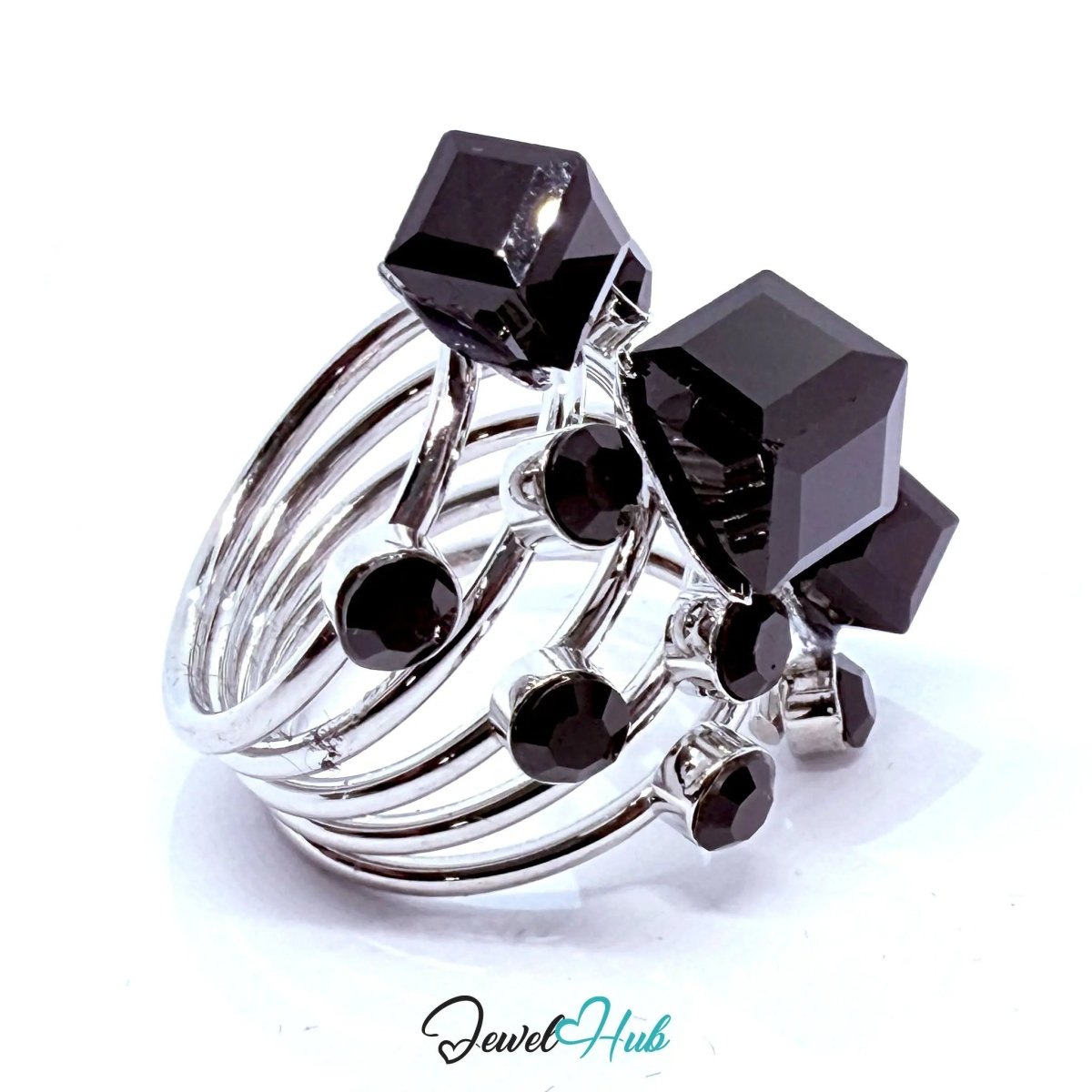 Silver - Plated Signature Ring with Synthetic Onyx Cube – Fixed Size O | Architectural Statement Jewellery - JewelHub.co.uk