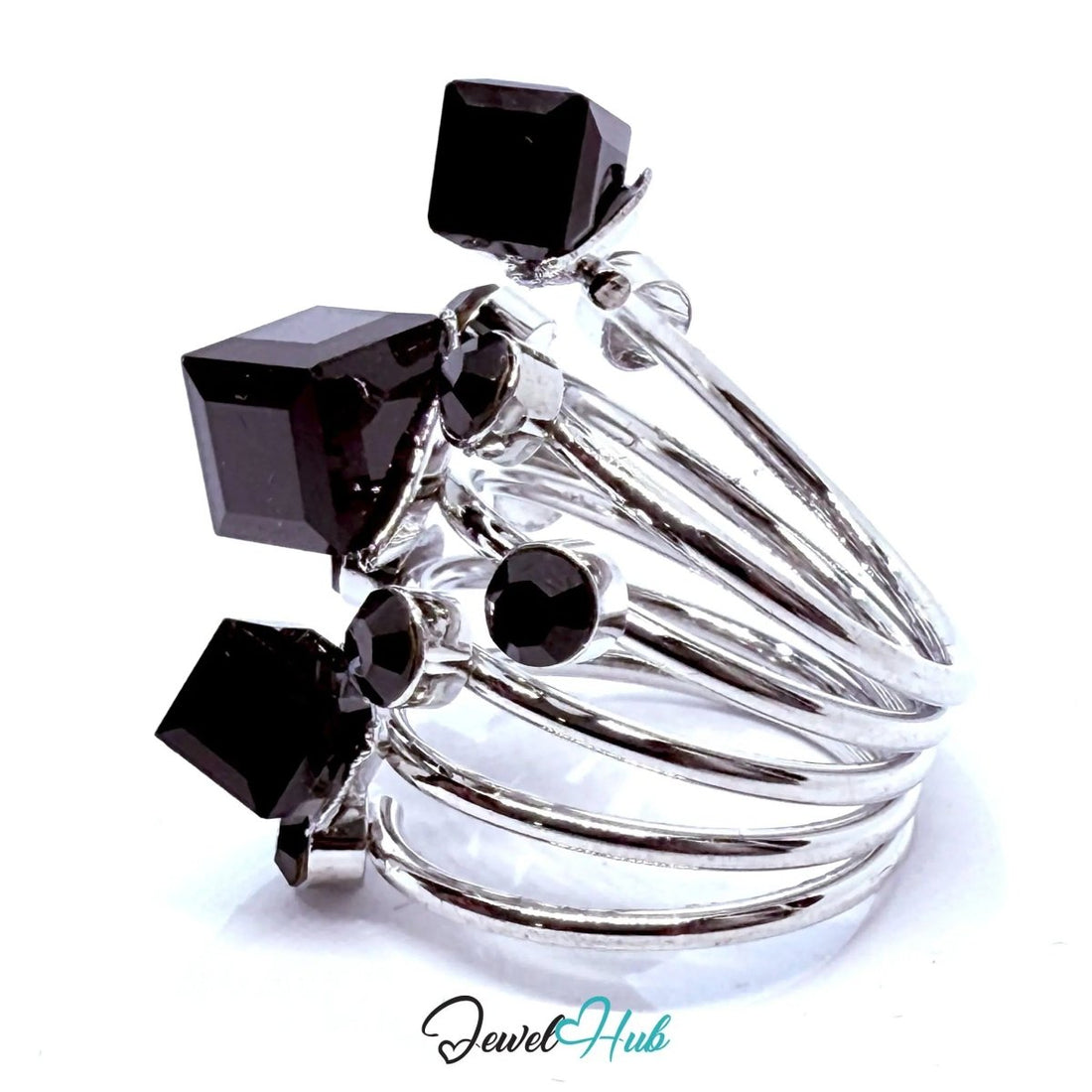 Silver - Plated Signature Ring with Synthetic Onyx Cube – Fixed Size O | Architectural Statement Jewellery - JewelHub.co.uk