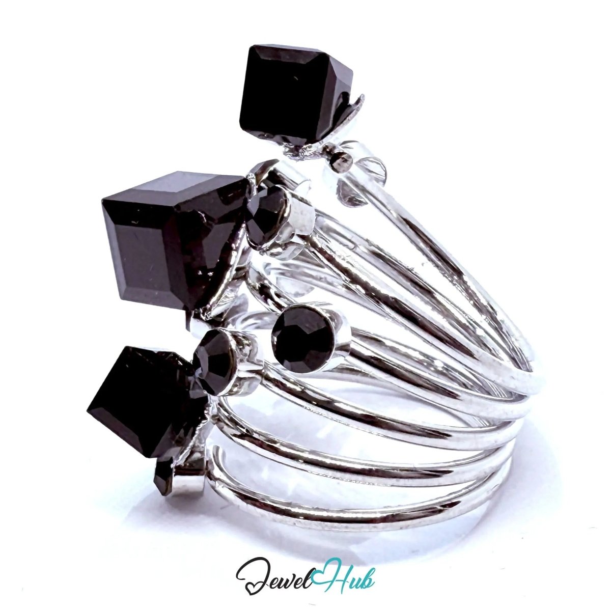 Silver - Plated Signature Ring with Synthetic Onyx Cube – Fixed Size O | Architectural Statement Jewellery - JewelHub.co.uk