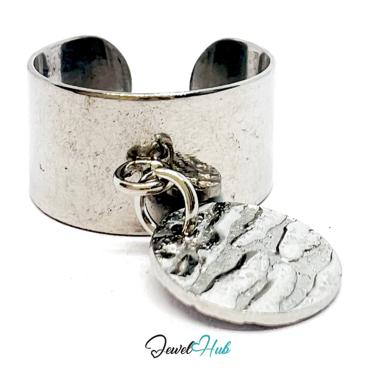 Silver - Plated Stainless Steel Textural Relief Tag Charm Ring – Adjustable Wide Band - JewelHub.co.uk