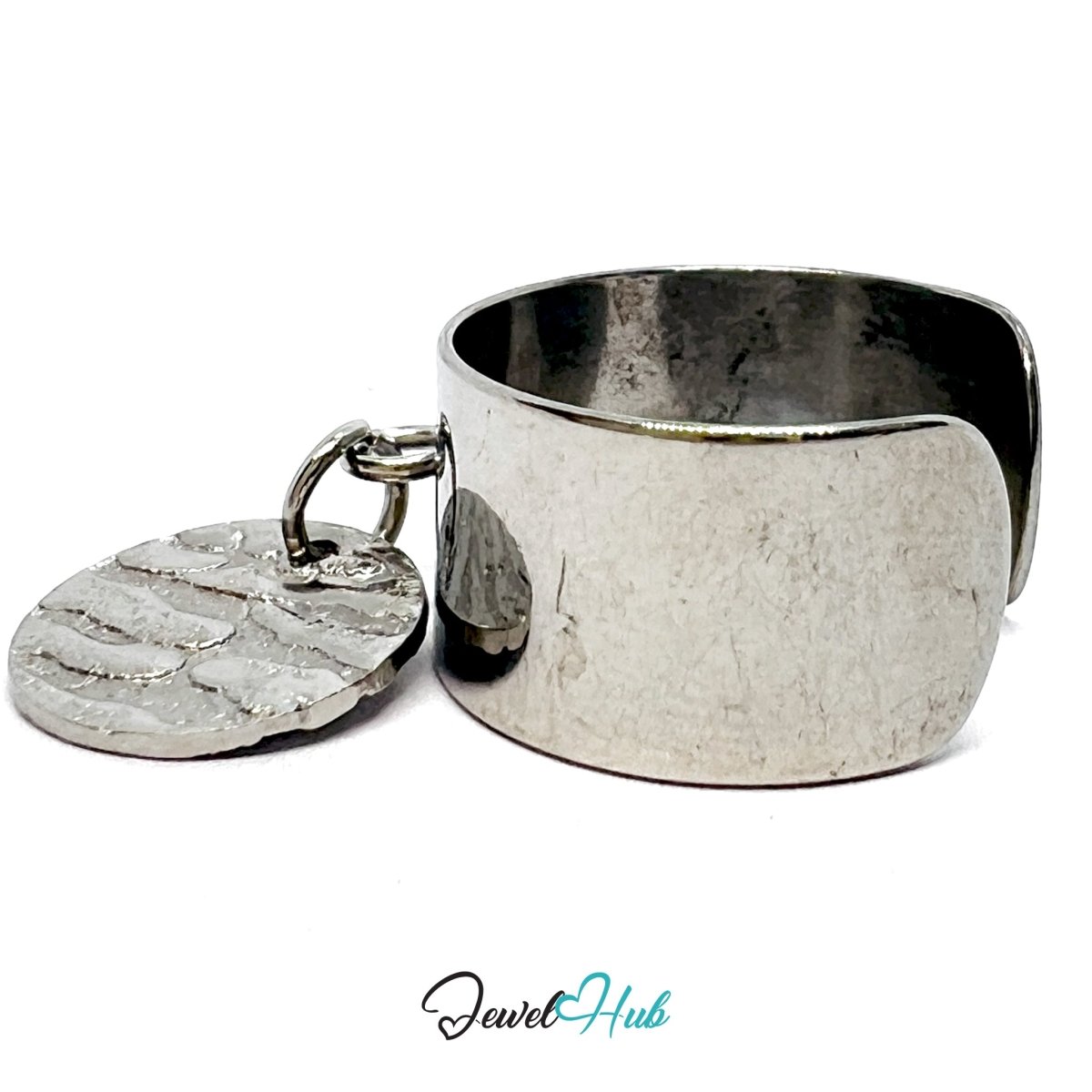 Silver - Plated Stainless Steel Textural Relief Tag Charm Ring – Adjustable Wide Band - JewelHub.co.uk