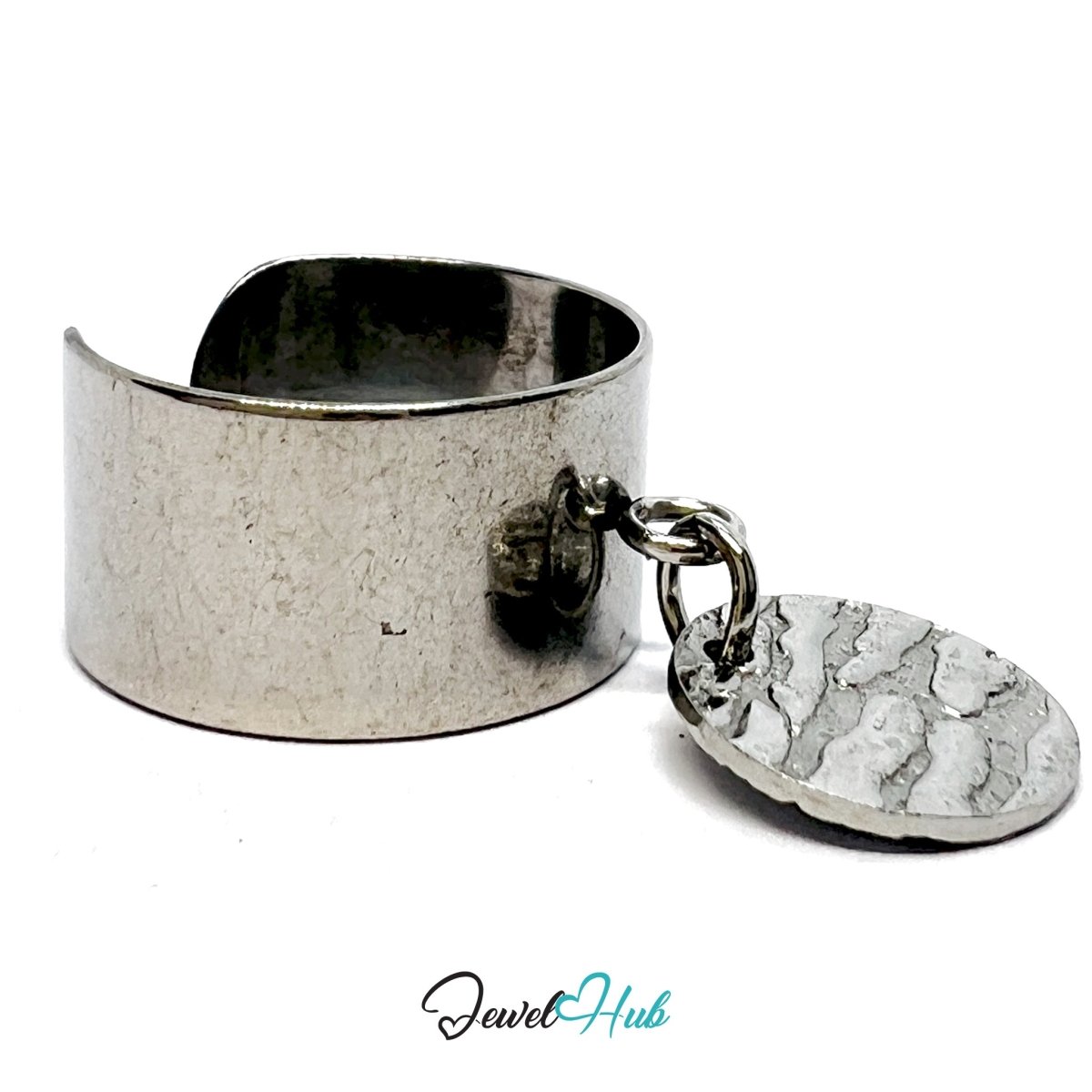 Silver - Plated Stainless Steel Textural Relief Tag Charm Ring – Adjustable Wide Band - JewelHub.co.uk